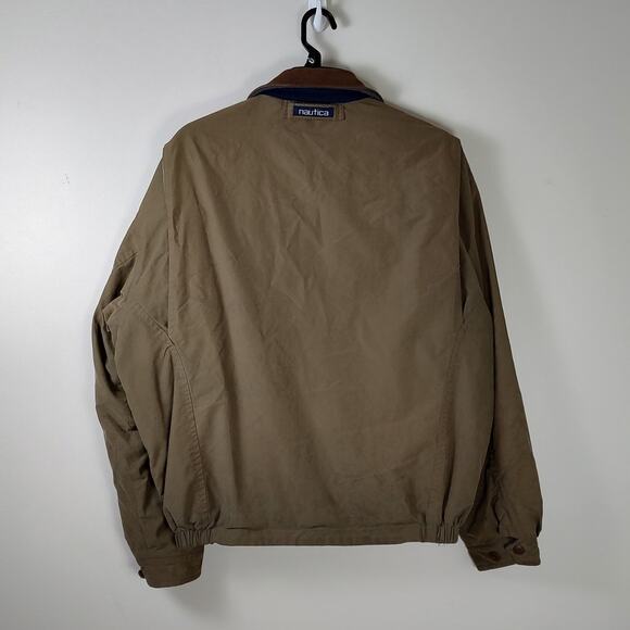 VTG Nautica Bomber Jacket Sz XL Beige Cotton Reversible Green Fleece Mens pocket - Picture 3 of 8